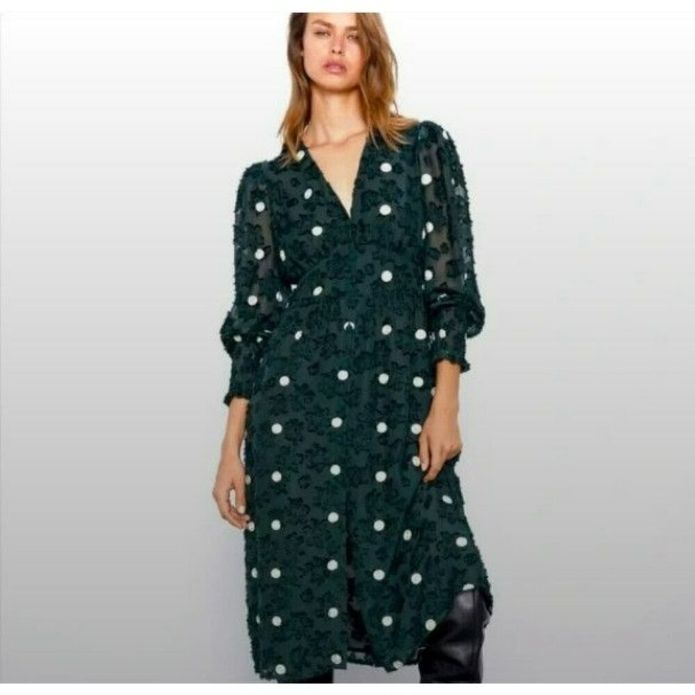 Zara Emerald Green Sheer Textured Polka Dot Dress Medium‎ Limited Edition